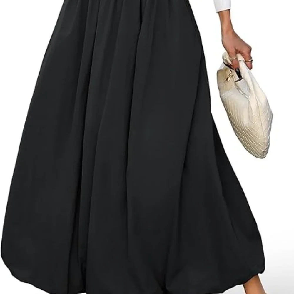 ELLEVEN Bubble Maxi Elastic Waist Puffy Hem A-Line Black Skirt w/Pockets - XL - Picture 8 of 8